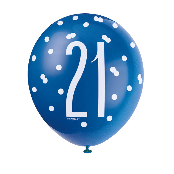 12" Birthday Blue Glitz Number '21' Latex Balloons (6 Pack)