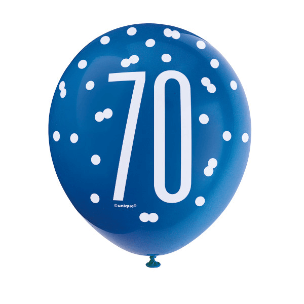 12" Glitz Light Blue, Royal Blue, & White Latex Balloons 70th (6 Pack)