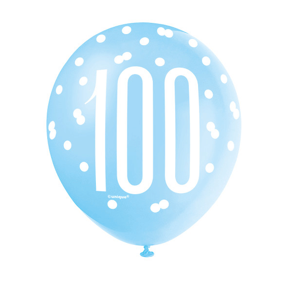 12" Birthday Blue Glitz Number 100 Latex Balloons (6 Pack)