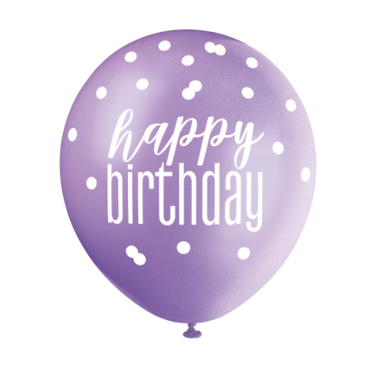 Pink 12" Glitz Petal Spring Lavender & White Latex Balloons "Happy Birthday" (6 Pack)