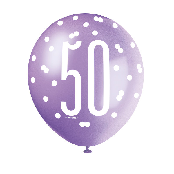12" Glitz Petal Pink, Spring Lavender, & White Latex Balloons 50th (6 Pack)