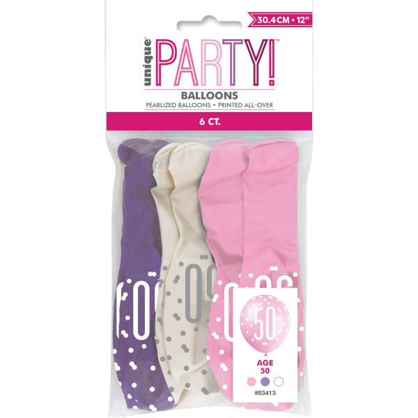 12" Glitz Petal Pink, Spring Lavender, & White Latex Balloons 50th (6 Pack)