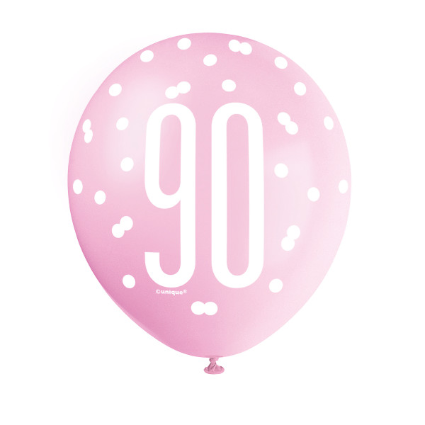 12" Glitz Petal Pink, Spring Lavender, & White Latex Balloons 90th (6 Pack)