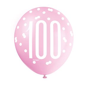 Birthday Pink Glitz Number 12" Latex Balloons 100th (6 Pack)