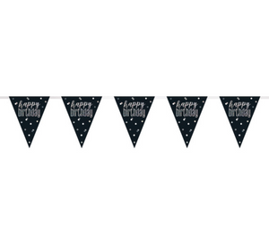 Glitz Black & Silver Prismatic Plastic Flag Banner "Happy Birthday" (9ft)