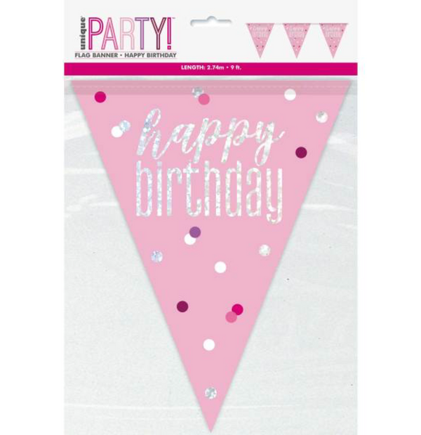 Glitz Pink & Silver Prismatic Plastic Flag Banner "Happy Birthday" (9ft)