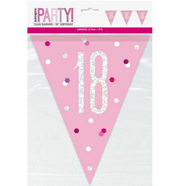 Birthday Pink Glitz Number 18 Flag Banner (9ft)