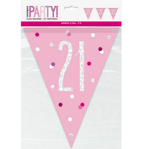 Birthday Pink Glitz Number 21 Flag Banner (9ft)