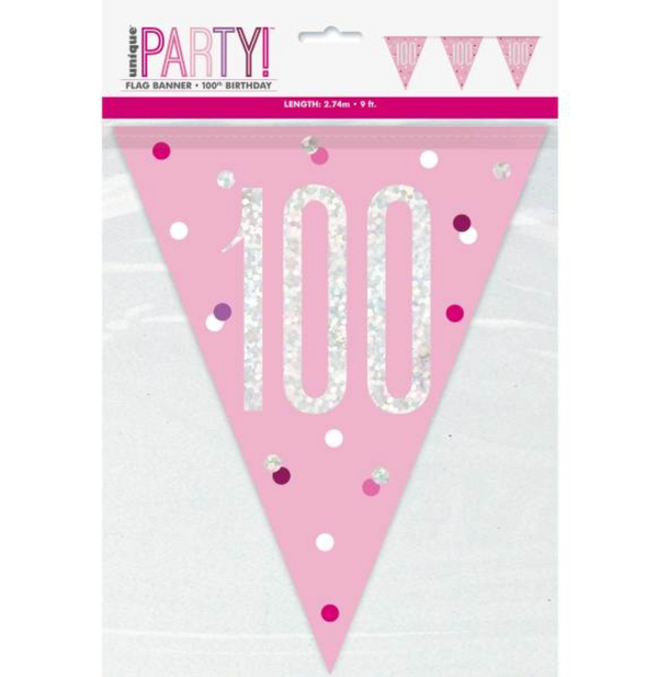 Birthday Pink Glitz Number 100 Flag Banner (9 ft)