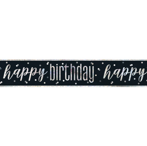"Happy Birthday" 9ft Glitz Black & Silver Prismatic Foil Banner