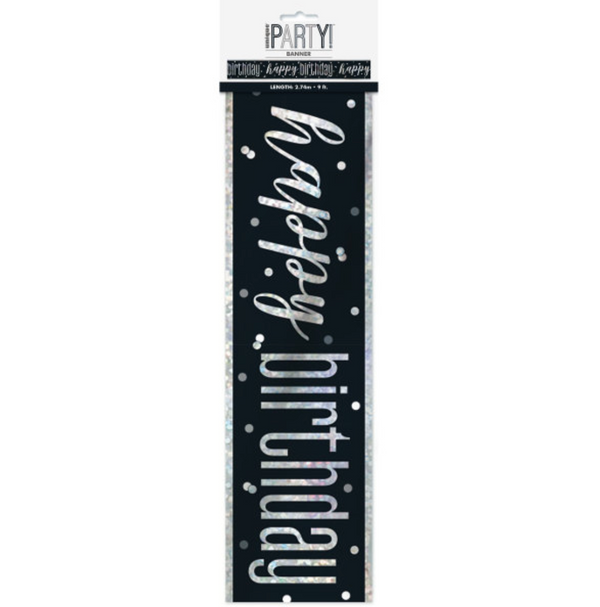 Happy Birthday 9ft Glitz Black & Silver Prismatic Foil Banner