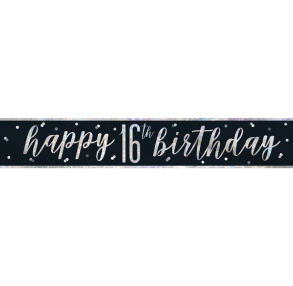 "Happy 16th Birthday" 9ft Glitz Black & Silver Foil Banner