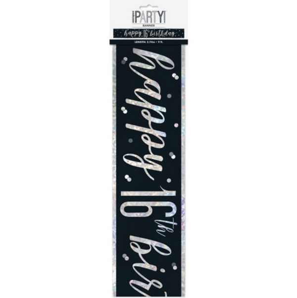 Happy 16th Birthday 9ft Glitz Black & Silver Foil Banner