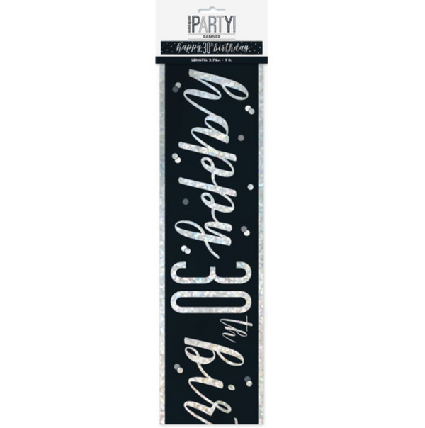 "Happy 30th Birthday" 9ft Glitz Black & Silver Foil Banner