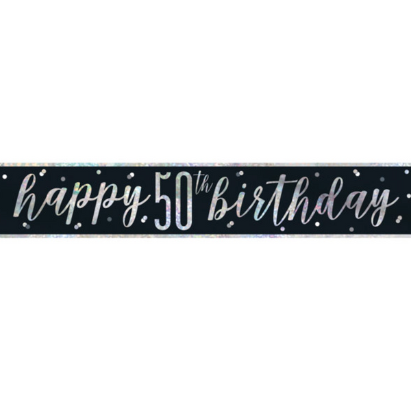 "Happy 50th Birthday" 9ft Glitz Black & Silver Foil Banner