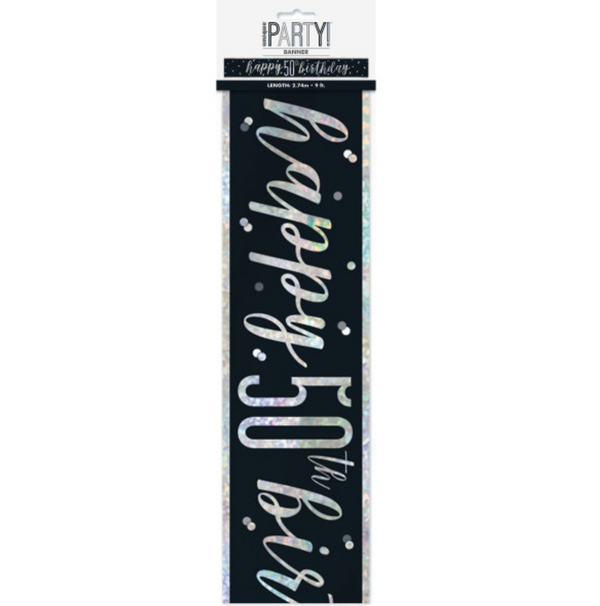 "Happy 50th Birthday" 9ft Glitz Black & Silver Foil Banner