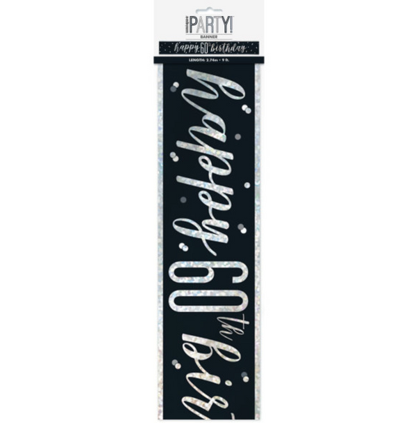 "Happy 60th Birthday" 9ft Glitz Black & Silver Foil Banner