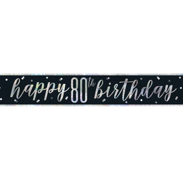"Happy 80th Birthday" 9ft Glitz Black & Silver Foil Banner