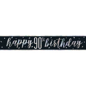 Glitz Black & Silver Foil Banner "Happy 90th Birthday" - (9 ft)