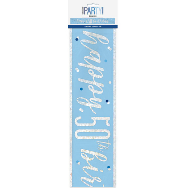 Glitz Blue & Silver Foil Banner "Happy 50th Birthday" Banner (9FT)