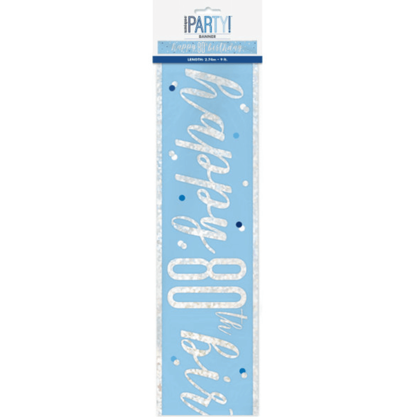 "Happy 80th Birthday" 9ft Glitz Blue & Silver Foil Banner