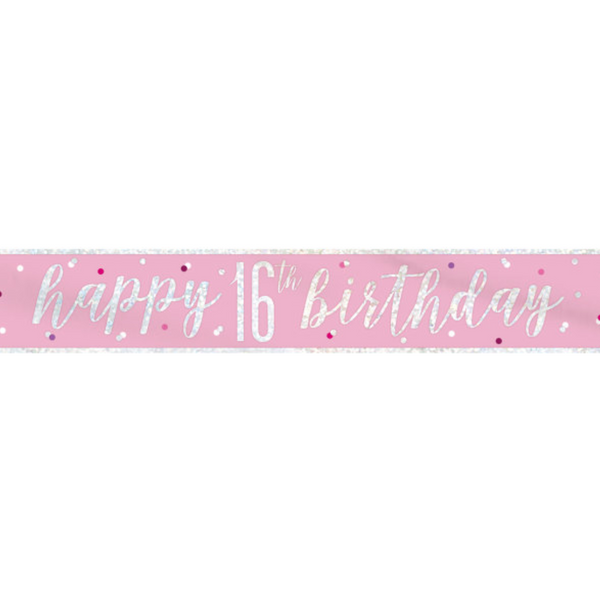 "Happy 16th Birthday" 9ft Glitz Pink & Silver Foil Banner