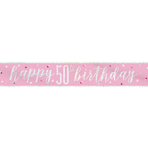 "Happy 50th Birthday" 9ft Glitz Pink & Silver Foil Banner