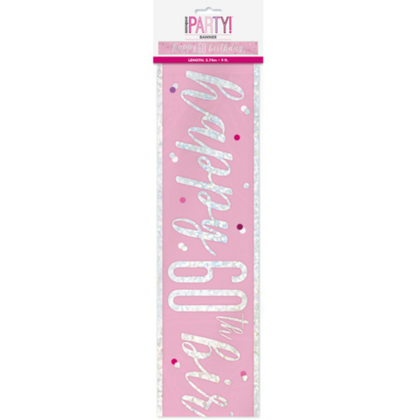 "Happy 60th Birthday" Glitz Pink & Silver Foil Banner- (9ft )