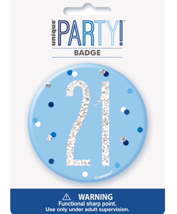 Birthday Blue Glitz Number 21 Badge