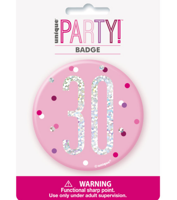 1 Glitz Pink & Silver Birthday Badge 30