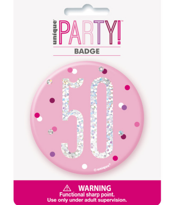 1 Glitz Pink & Silver Birthday Badge 50