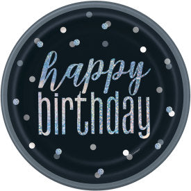 Birthday Black & Silver Glitz Round 9" Dinner Plates - (8 Pack)