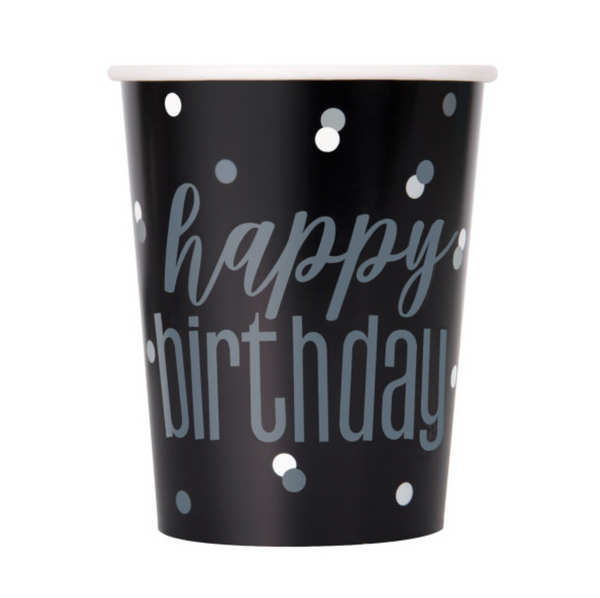 Black & Silver "Happy Birthday" Cups 9oz (8 pack)