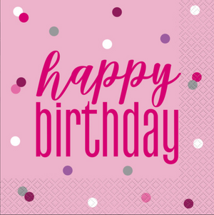 Glitz Pink & Silver "Happy Birthday" Luncheon Napkins (16 Pack)