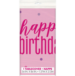Glitz Pink & Silver "Happy Birthday" Plastic Table Cover (54"x84")