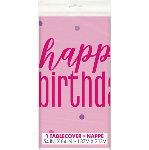 Glitz Pink & Silver "Happy Birthday" Plastic Table Cover (54"x84")