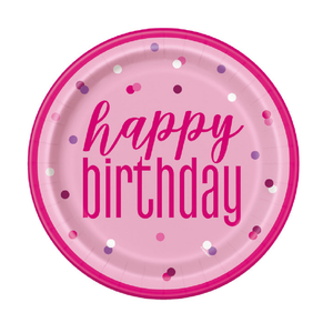 Glitz Pink & Silver "Happy Birthday" 9" Plates (8 Pack)