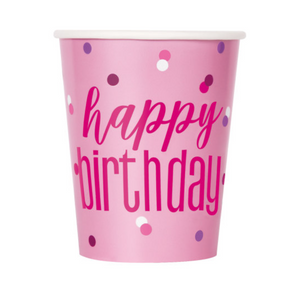 Pink & Silver "Happy Birthday" Cups 9oz (8 pack)