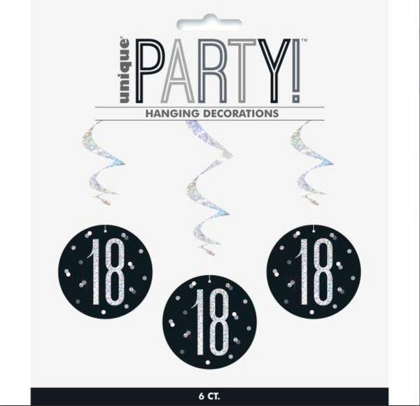 Birthday Black Glitz Number 18 Hanging Swirl Decorations 32"(6 Pack)