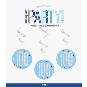Birthday Blue Glitz Number 100 Hanging Swirl Decorations 32" (6 Pack)