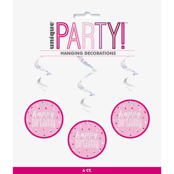 Glitz Pink & Silver Hanging Swirls 32"L "Happy Birthday" (6 Pack)