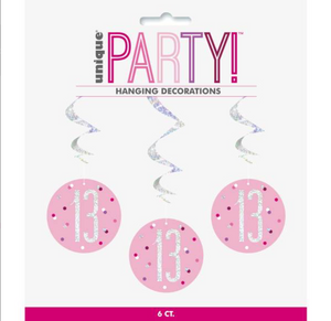 Birthday Pink Glitz Number 13 Hanging Swirl Decorations 32"(6 Pack)