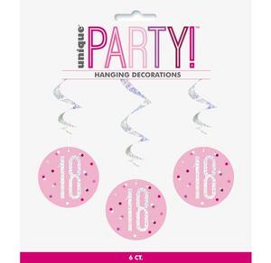 Birthday Pink Glitz Number 18 Hanging Swirl Decorations 32" (6 Pack)