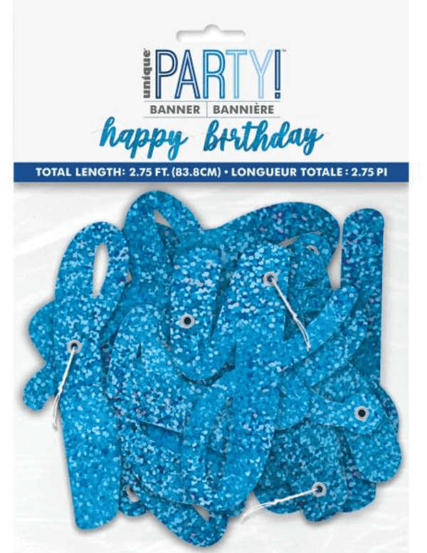 Blue Glitz Script "Happy Birthday" Prismatic Foil Jointed Banner (2 Pack)