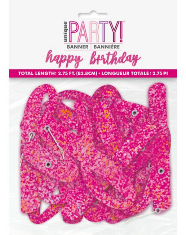 Pink Glitz Script "Happy Birthday" Prismatic Foil Jointed Banner (2 Pack)