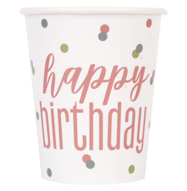 Glitz Rose Gold "Happy Birthday" Cups 9oz (8 pack)