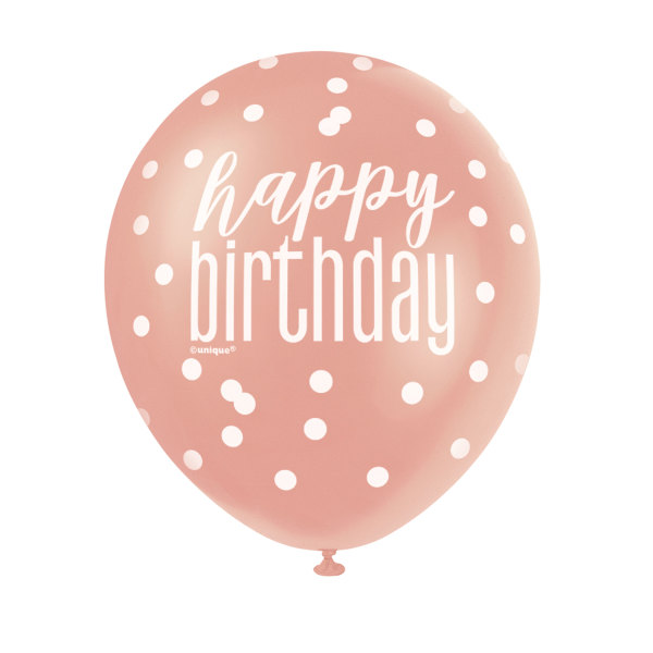 12" Glitz Rose Gold Latex Balloons "Happy Birthday" (6 Pack)