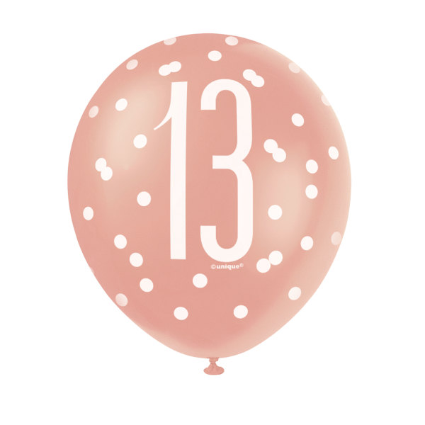 Birthday Rose Gold Glitz 'Number 13' 12" Latex Balloons (6 Pack)