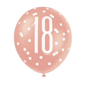 Birthday Rose Gold Glitz 'Number 18' 12" Latex Balloons (6 Pack)