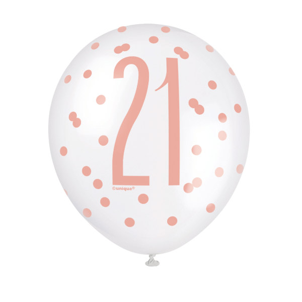 Birthday Rose Gold Glitz 'Number 21' 12" Latex Balloons (6 Pack)